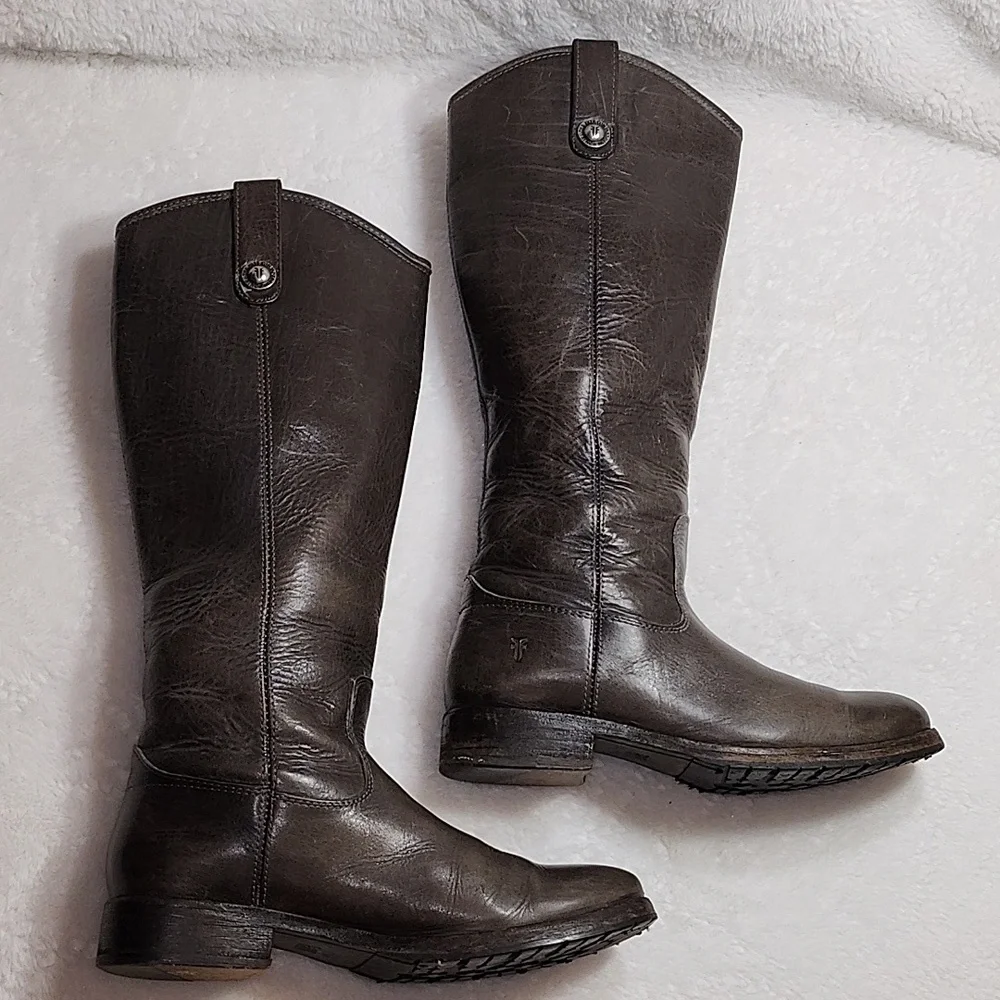 Frye Melissa Tall Western Riding Lug Boots Gray Leather Sz 6.5